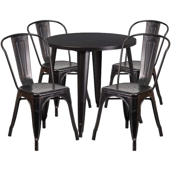Carnegy Avenue 5-Piece Metal Round Outdoor Bistro Set in Black-Antique Gold