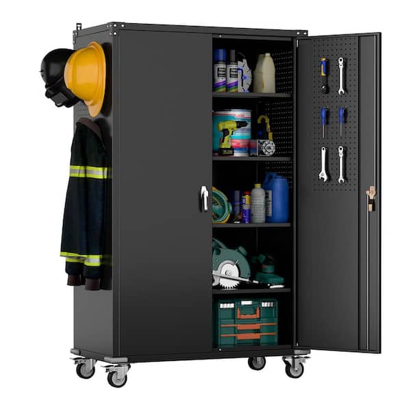 43 in. W x 72 in. H x 22 in. D Widened,Deepened Rolling Metal Garage Storage Freestanding Cabinet with Pegboard in Black