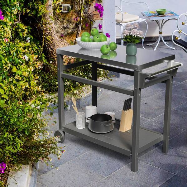 Polyfurnituresupply Multi-functional Outdoor Cart: Ideal for Pizza Ovens, Grilling, and Dining on Your Patio Grey