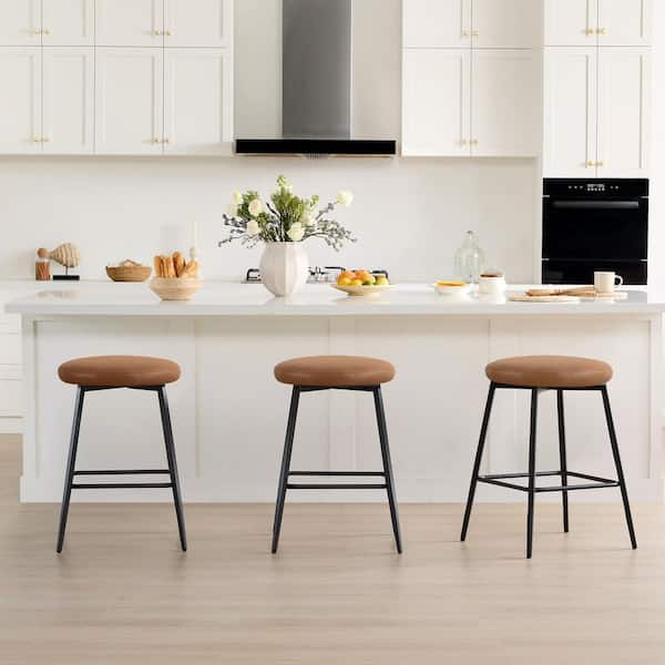 Nolan 24 in.H Brown Faux Leather Metal Frame Swivel Counter Height Bar Stool with Round Seat for Kitchen Set of 3