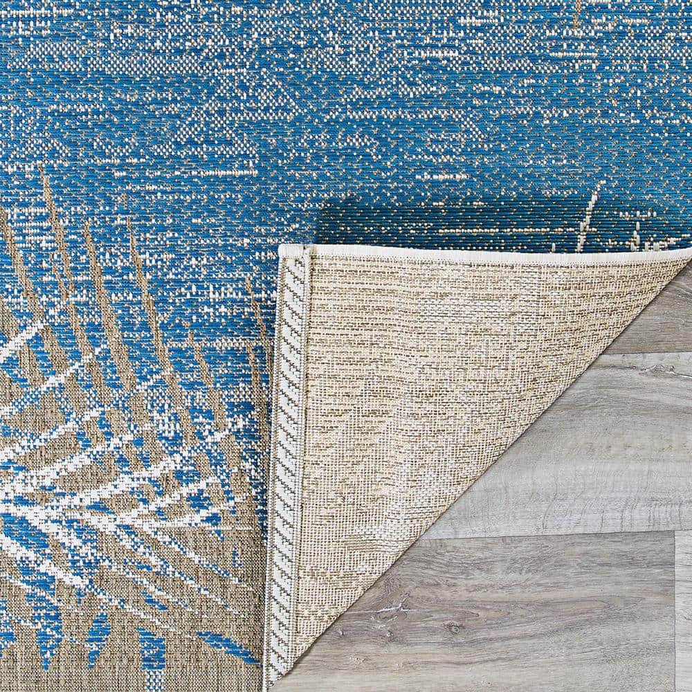 Ocean Blue and Beige Synthetic Geometric Indoor/Outdoor Area Rug