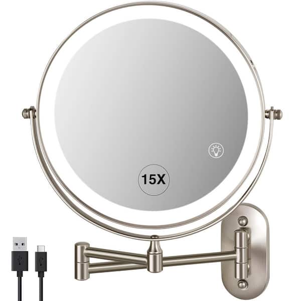 8.5 in. W x 8.5 in. H Round LED Wall Mount Bathroom Makeup Mirror with 3 Adjustable LED, 1X/15X Magnifing-Brushed Nickel