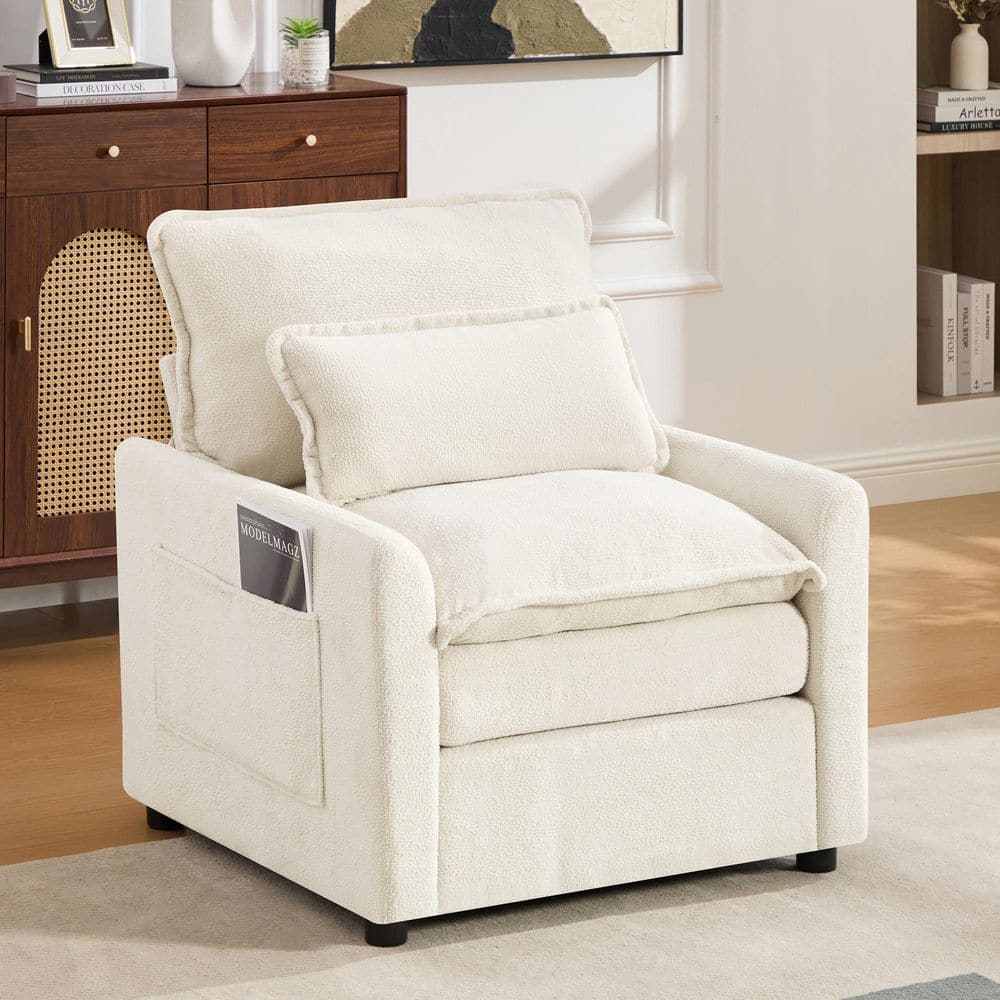 Jenton Modern Beige Faux Fur Fabric Upholstered Accent Arm Chair with Double-Layer Cushion, Pillow and Side Pockets