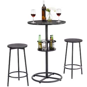 3-Piece Bar Table Set with Wine Rack, Round Bistro Table with 2 Stools for Breakfast Nook, Kitchen Black DiningTable Set