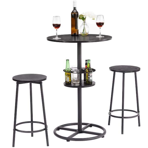 VECELO 3-Piece Bar Table Set with Wine Rack, Round Bistro Table with 2 Stools for Breakfast Nook, Kitchen Black DiningTable Set