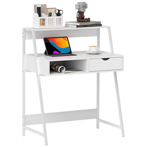 31.5 in. Rectangular White 1 Drawer Desk with Cubbies