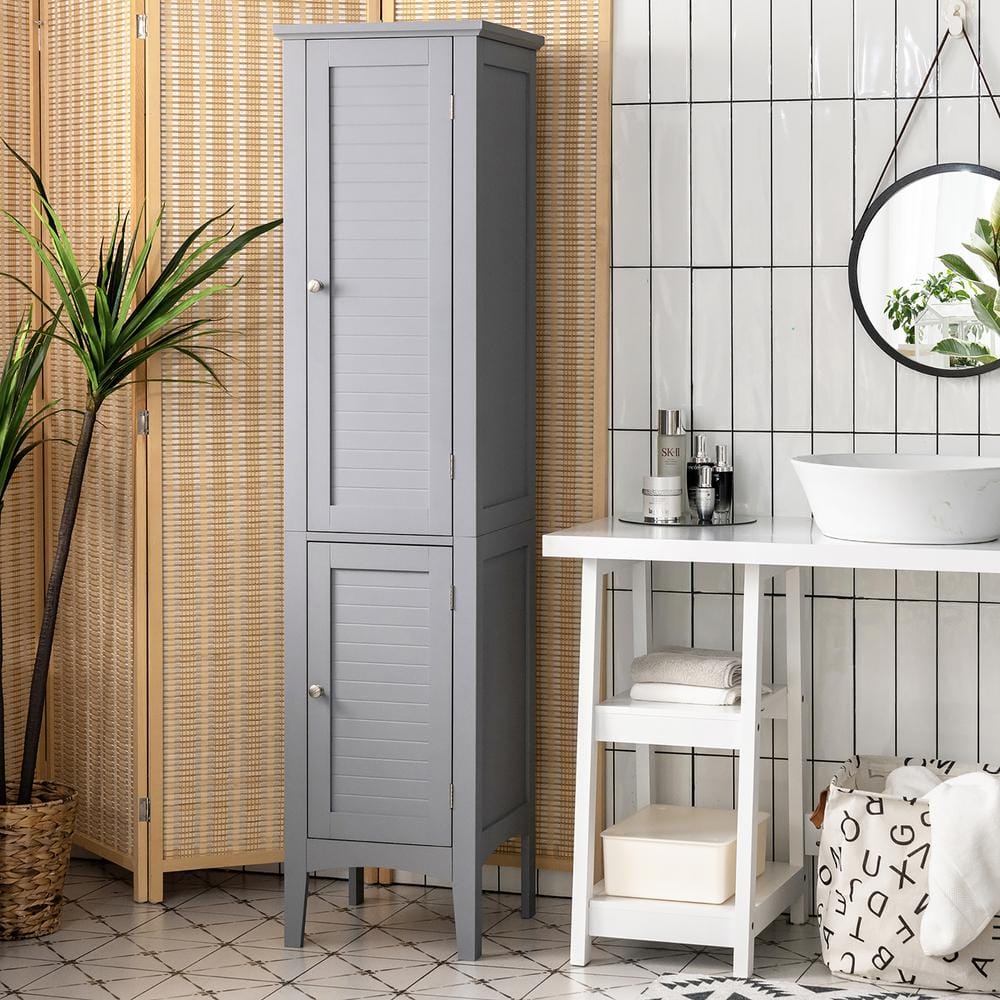 Costway 14.5 in. W x 14.5 in. D x 63 in. H Gray Wood Freestanding Linen Cabinet Bathroom Storage Cabinet QD-66805GR