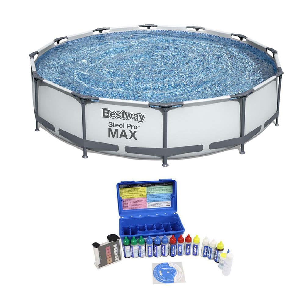 Bestway 12 ft. x 12 ft. Steel Frame Pool and Chlorine pH Alkaline Water Test Kit 56417EBW