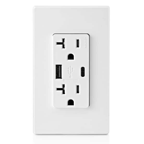 20 Amp Decora Type A and Type C Combination Duplex Tamper Resistant Outlet and USB Charger, White T5833-BW