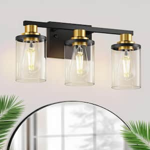 20 in. 3 Light Bathroom Vanity Light, Black and Gold Bathroom Light Fixtures Over Mirror with Clear Glass Shade