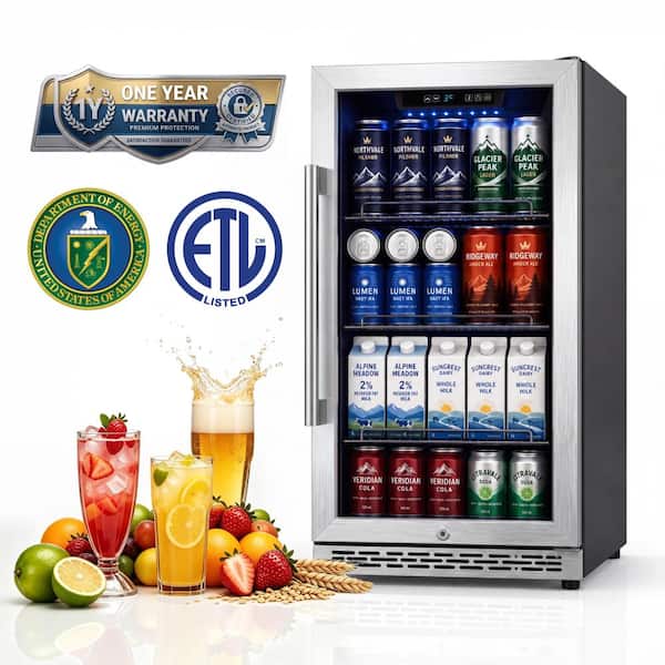 18 in Under-Counter Smart. Single Zone 130-Cans Beverage Cooler in Stainless Steel with Triple-Layer Tempered Glass Door