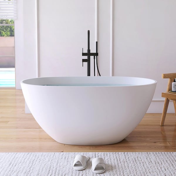 51 in. x 27 in. Stone Resin Solid Surface Flatbottom Freestanding Soaking Bathtub in White