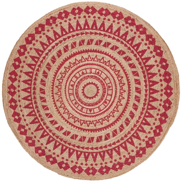SAFAVIEH Natural Fiber Fuchsia/Beige Doormat 3 ft. x 3 ft. Round Border Floral Area Rug