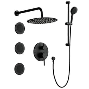 12 in. 2-Handle 3-Spray Wall Mount Pressure Balance Round Rainfall Shower System with Rough-In Valve in Matte Black