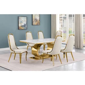 Ibraim 7-Piece Rectangle White Marble Top Gold Stainless Steel Dining Set With 6-Cream Velvet Gold Chrome Iron Chair