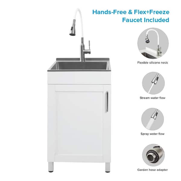 All-in-One 20 in. x 20 in. x 34.6 in. Stainless Steel Freestanding Laundry/Utility Sink and Cabinet with Faucet in White