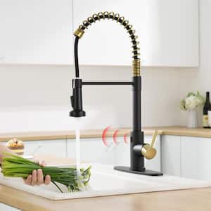 Single Handle Touchless Pull Down Sprayer Kitchen Faucet with Deckplate Included in Black & Brushed Gold
