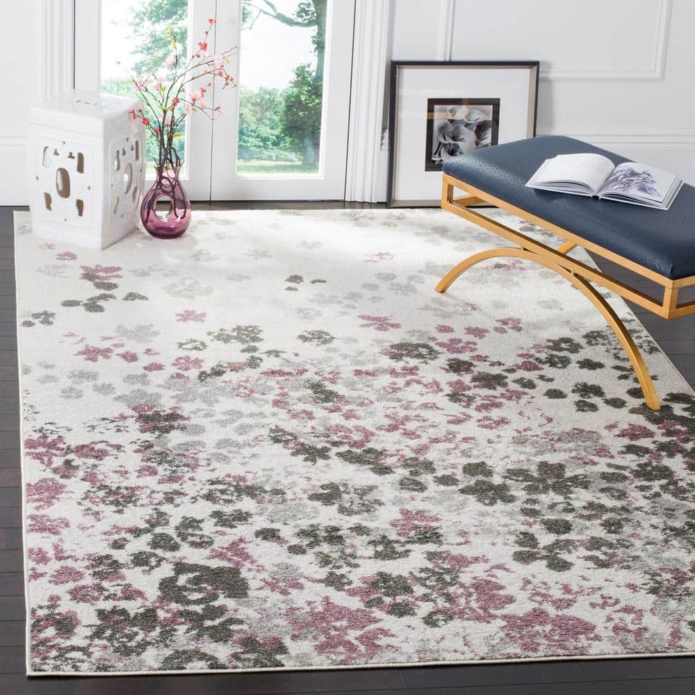 Ivory and Purple Floral Synthetic Area Rug, 6' x 9'