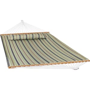 11 ft. 2-Person Quilted Printed Fabric Spreader Bar Hammock and Pillow（ Khaki Stripe）