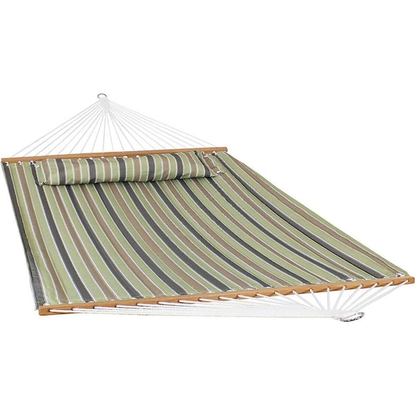 Unbranded 11 ft. 2-Person Quilted Printed Fabric Spreader Bar Hammock and Pillow（ Khaki Stripe）