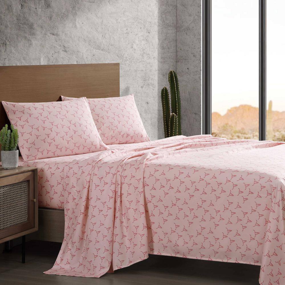 Pink Steer Skulls Print Queen Microfiber Sheet Set
