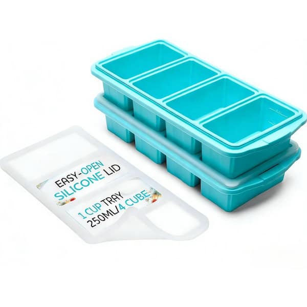 2-Pack Silicone Freezer Tray with Lid-Leak-Proof Soup Meal Container Ice Cube Tray makes 8 perfect 1 cup portions cubes