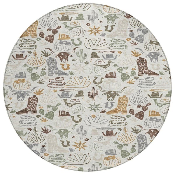 Chantille Machine Washable Indoor/Outdoor Abstract ACN2512 Ivory 8 ft. x 8 ft. Round Rug
