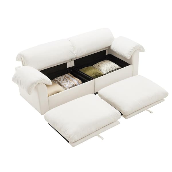 Clihome 84 in. White Velvet 2-Seater Loveseat with Storage