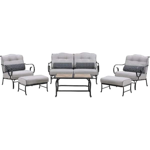 Hanover Oceana 6-Piece Metal Patio Seating Set with a Tile-Top Coffee Table and Silver Lining Cushions