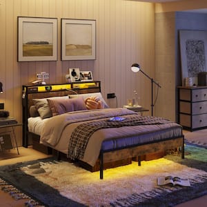 Rustic Brown Metal Frame Queen Size Platform Bed with Charge Station and Storage Headboard & LED Lights