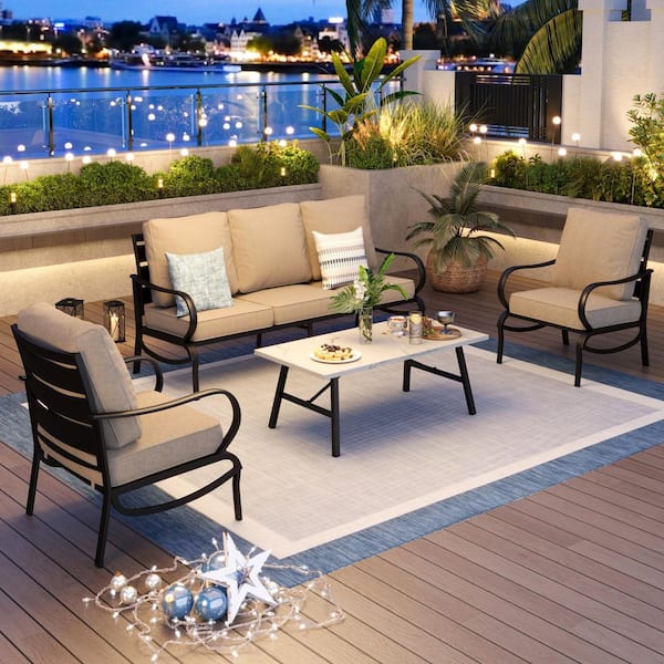 PHI VILLA Metal Slatted 5 Seat 4-Piece Steel Outdoor Patio Conversation Set With Beige Cushions and Table With Marble Pattern Top