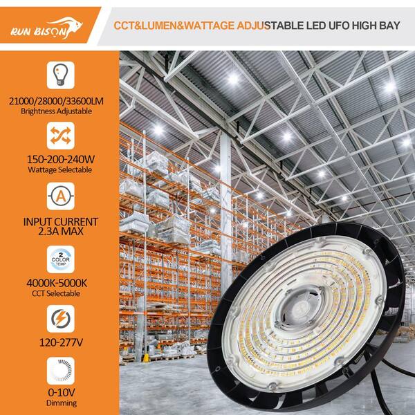 RUN BISON 12.8 in. Integrated LED UFO High Bay Light Fixture Black Garage Light, Up to 33600 Lumens 4000K/5000K, 0-10V Dimmable