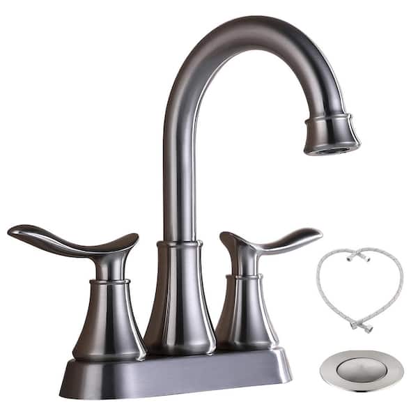 Fapully 4 in. Centerset Double Handle High Arc Bathroom Faucet Combo Kit Included Pop-Up Drain, Supply Hoses in Brushed Nickel