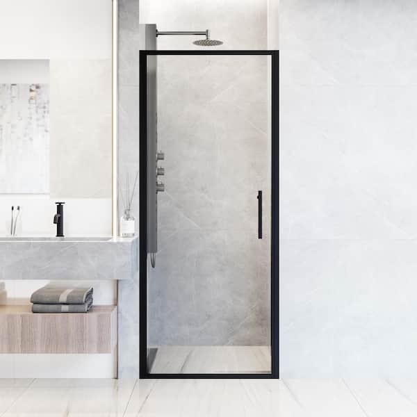 Astoria 30 in. W x 76 in. H Space Saving Framed Pivot Shower Door in Matte Black with Clear Glass