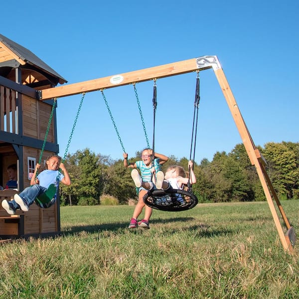 Canyon Creek Outdoor Kid's Playground Set w/ Rockwall, Upper Fort, Swing Set, Gray Wave Slide, and PlaySet Kitchen