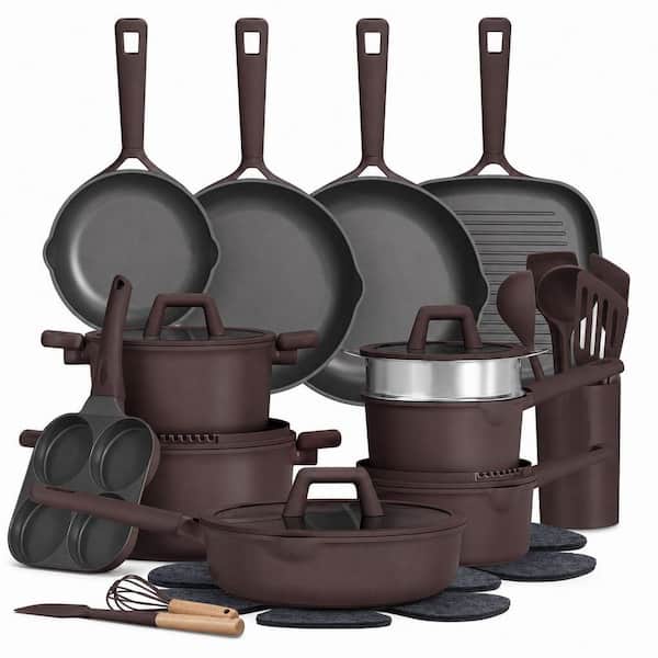 31-Piece Nonstick Aluminum Cookware Set with Lids in Coffee, Induction Titanium Cookware Non-toxic Granite Cooking Set