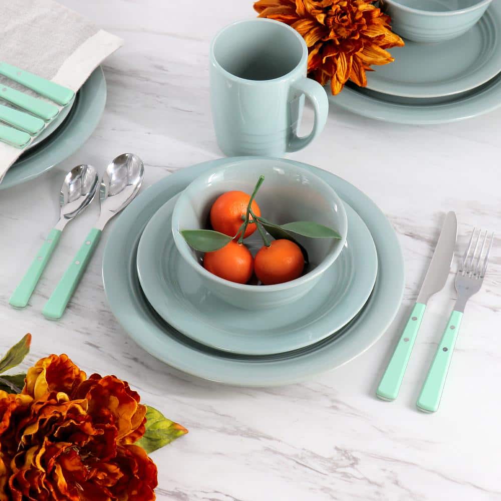 Blue Ceramic 32-Piece Dinnerware and Flatware Set, Service for 4