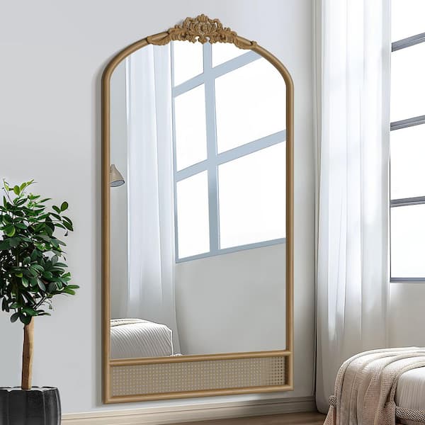 Lirago 37 in. W x 71 in. H Classic Carved Arch Wood Frame with Rattan Bottom Wall Mirror in Brown