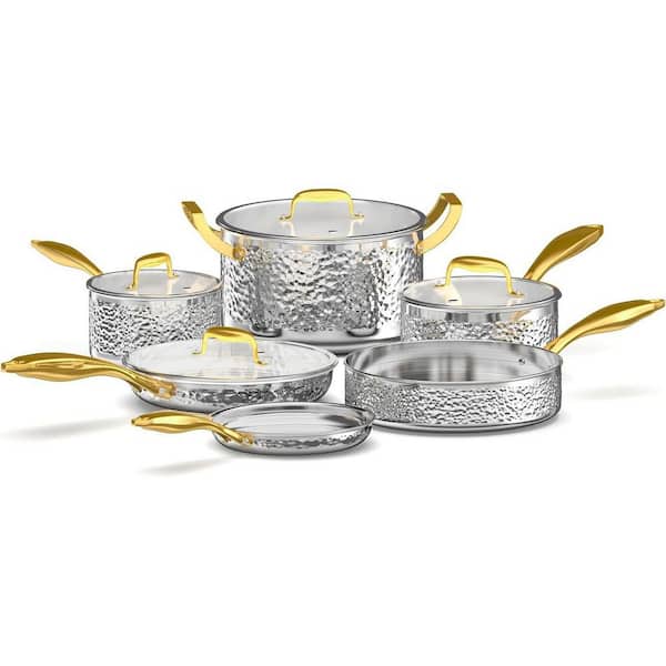 10-Piece Hammered Stainless Steel Cookware Set Non-Toxic Dishwasher Safe Triple-Layer Clad Even Heat