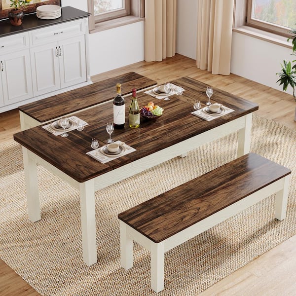 BYBLIGHT Roesler 3-Piece Rectangle Brown and White Wood Top Dining Room Set (Seats-4)