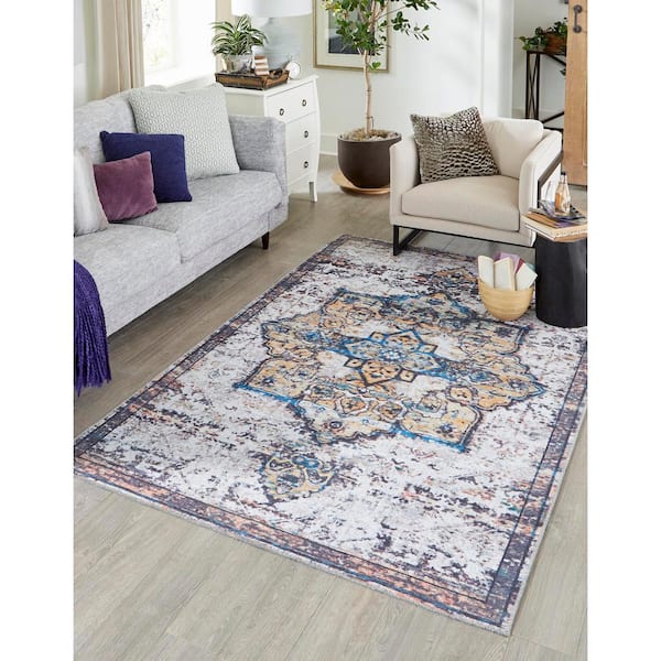 Renaissance Roma Sea Salt White 8 ft. x 11 ft. Machine Washable Area Rug