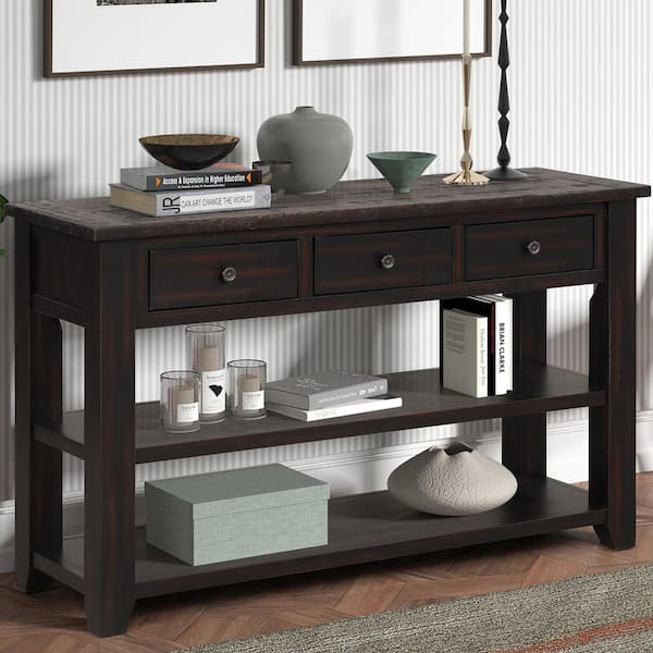 Dexter 48.82 in. Distressed Black Rectangle Wood Console Table with 3 Storage Drawers and 2 Shelves