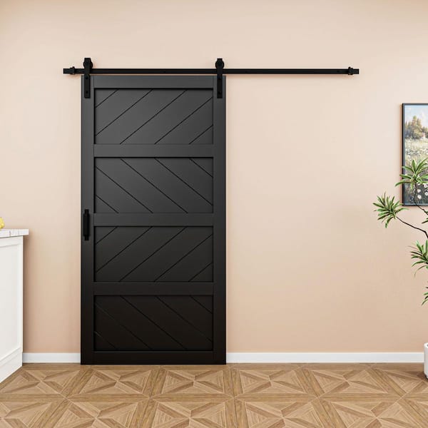 42 in. x 84 in. Black Finished 4-Lite Wave Pattern Style MDF Sliding Barn Door with Hardware Kit and Soft Close