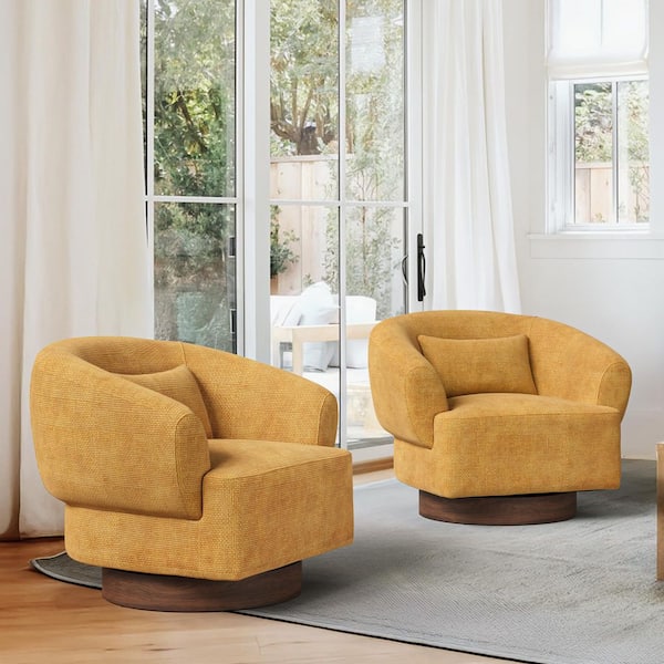 Gek 32 in. Ginger Chenille Upholstered Arm Chair 360°Swivel Accent Chair Barrel Chair with Wood Base Set of 2