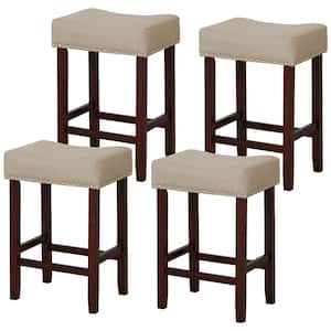 25 in. Beige Set of 4 Bar Stools Counter Height Saddle Kitchen Chairs w/Wooden Legs