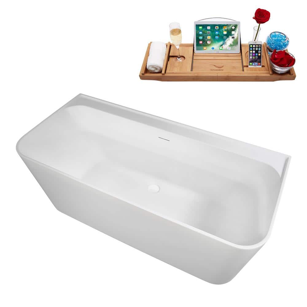 55" Glossy White Acrylic Freestanding Soaking Bathtub with Bamboo Tray