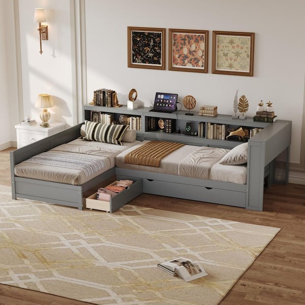 Gray Wood Frame Twin Size L-Shaped Platform Bed with Trundle and a Drawer