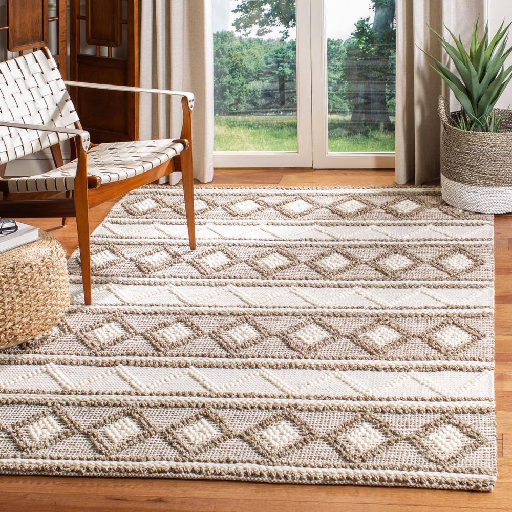 Handwoven Taupe & Ivory Wool-Cotton Blend Area Rug - 9' x 12'