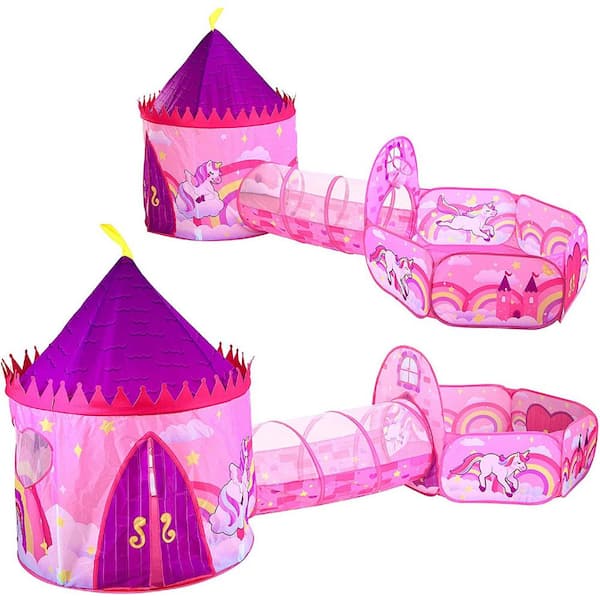 Joyfy 124.2 in. L Pink & Violet Polyester Indoor Outdoor Unicorn Castle Play Tent w/Tunnel & Playground Set, Playhouse Set