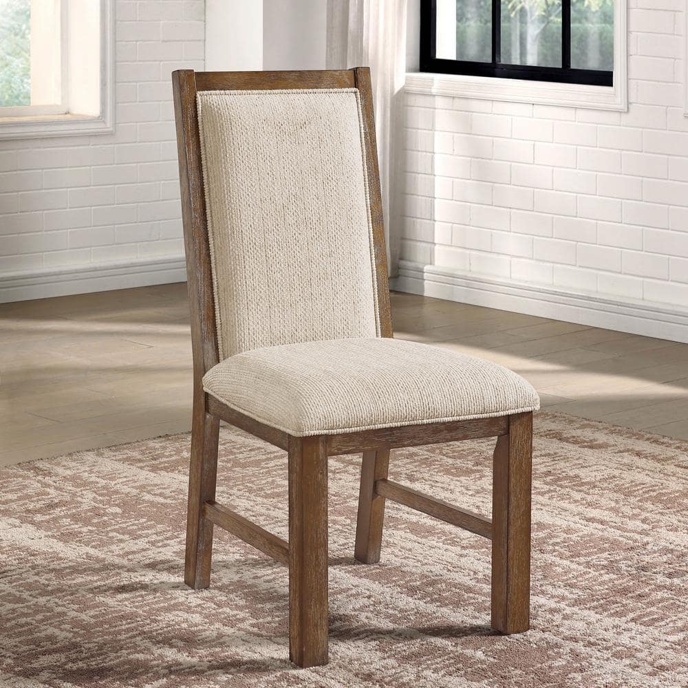 Beige Upholstered High Back Wood Side Chair